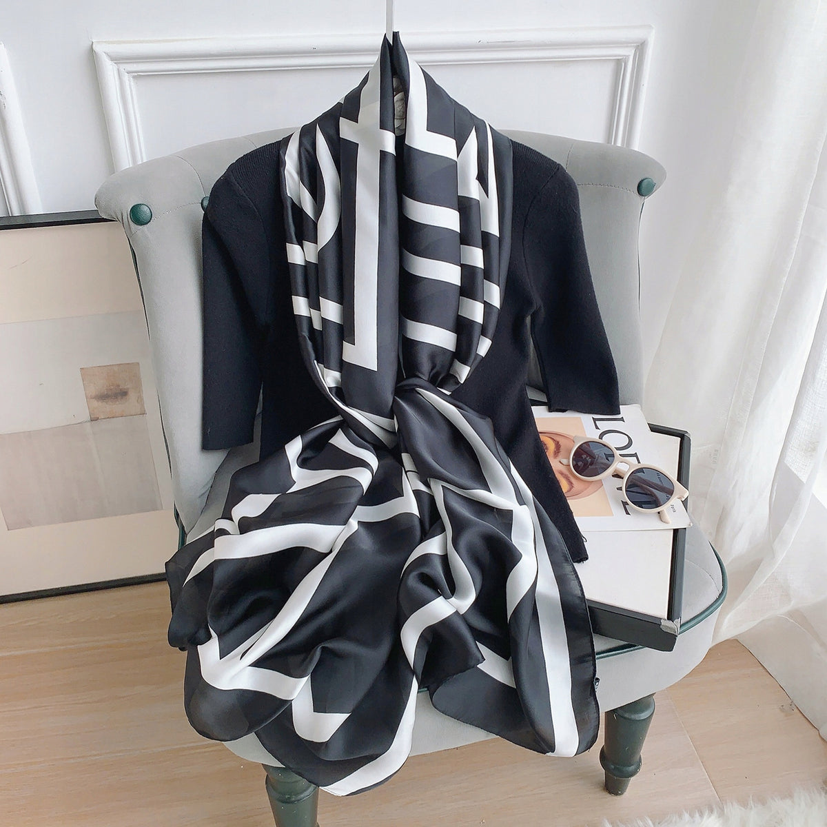 Women's Elegant Large Silky Scarf — Black and White Gift Scarf, 180×90