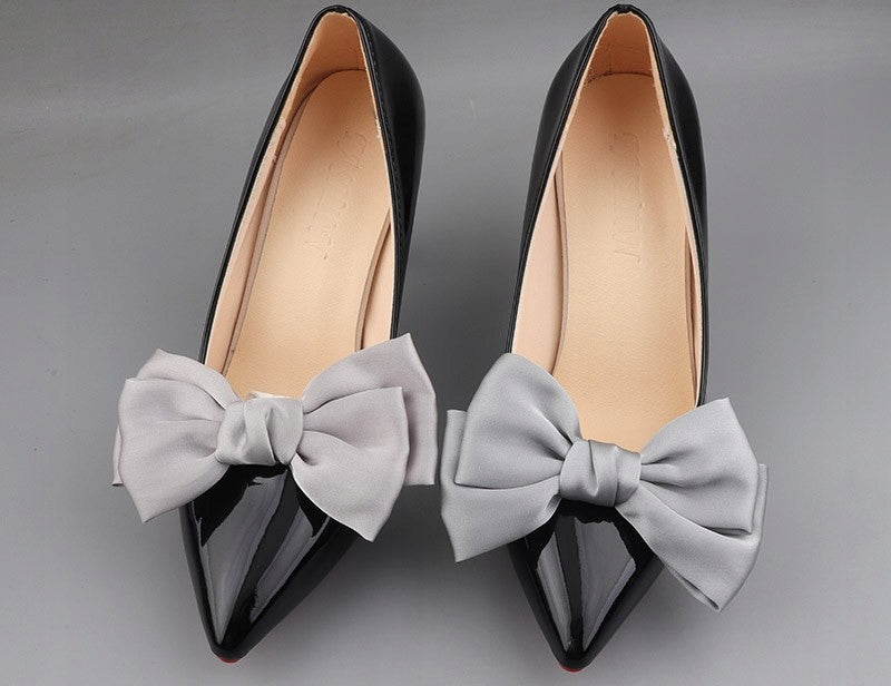 Grey Satin Bow Shoe Clips — Elegant Decorations for High Heels