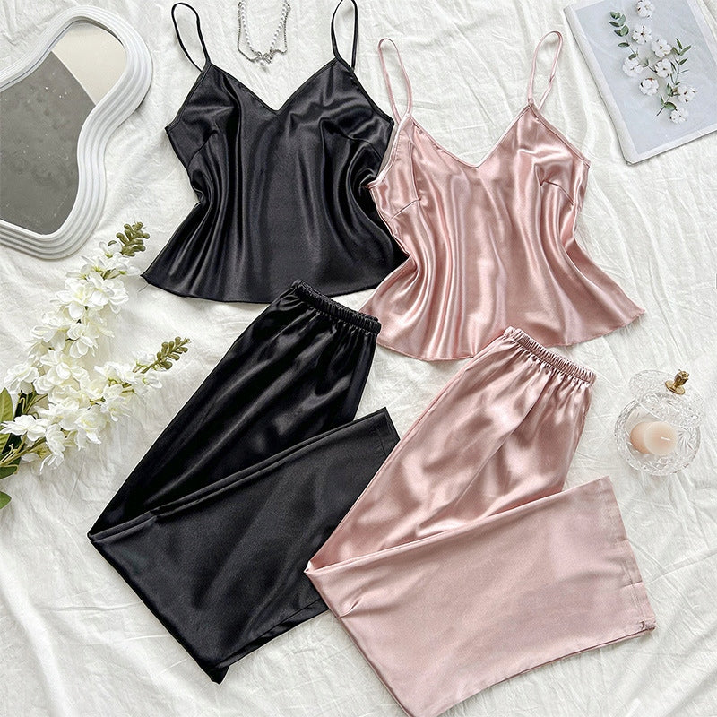 Women's Satin Pyjamas — Top and Full-Length Trousers, Pale Pink