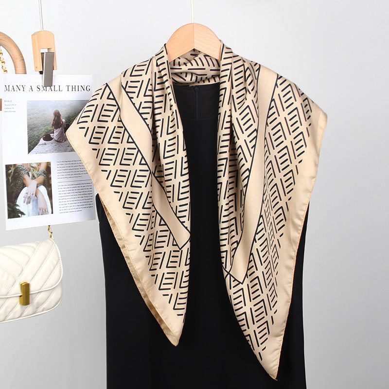 Silk-Effect Square Scarf 90 × 90 cm – Beige & Black