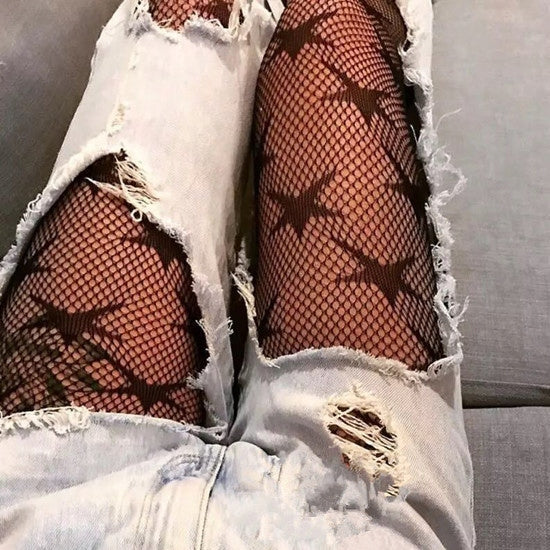 Star-Patterned Women's Lace Tights – Black