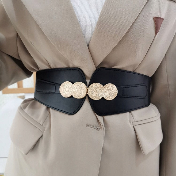 Women's Black Elastic and Faux Leather Belt — Elegant Coat Accessory