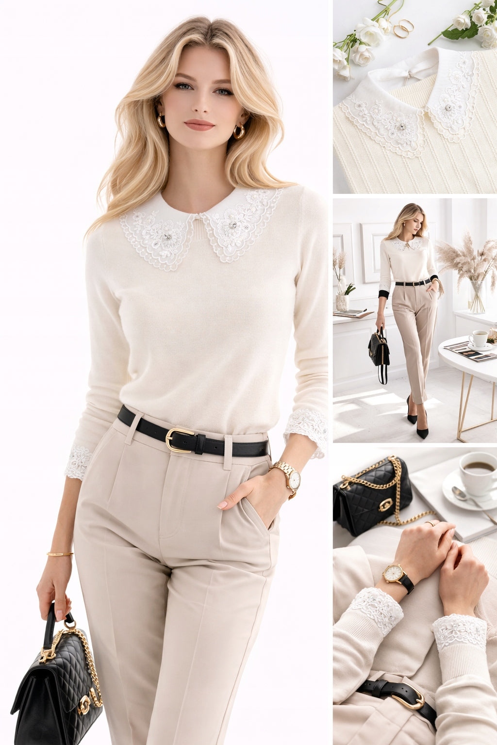 Elegant White Embroidered Tie-on Collar with Cubic Zirconia — Fashion Accessory