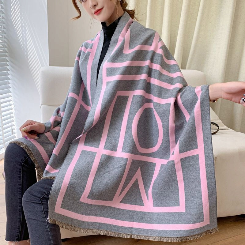 Bufanda de invierno de mujer 180 × 66 cm – gris y rosa
