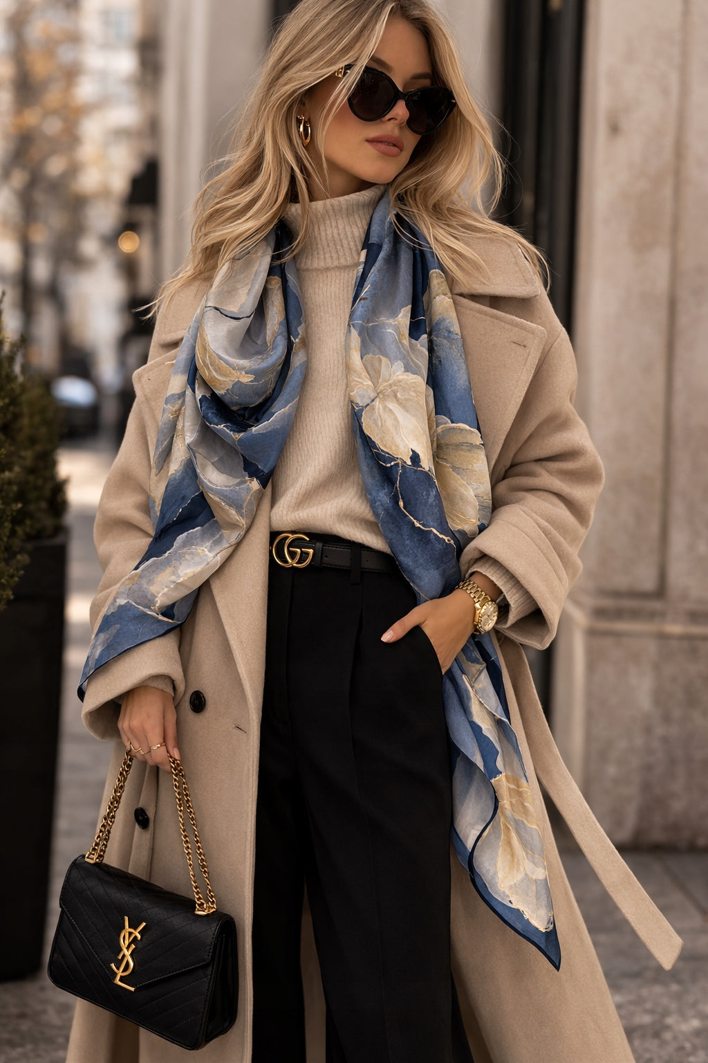 Silk-Effect Scarf 180 × 90 cm – Blue