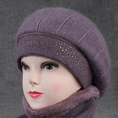 damski BERET w kolorze wrzosowym zdobiony cyrkoniami ocieplony polarem
