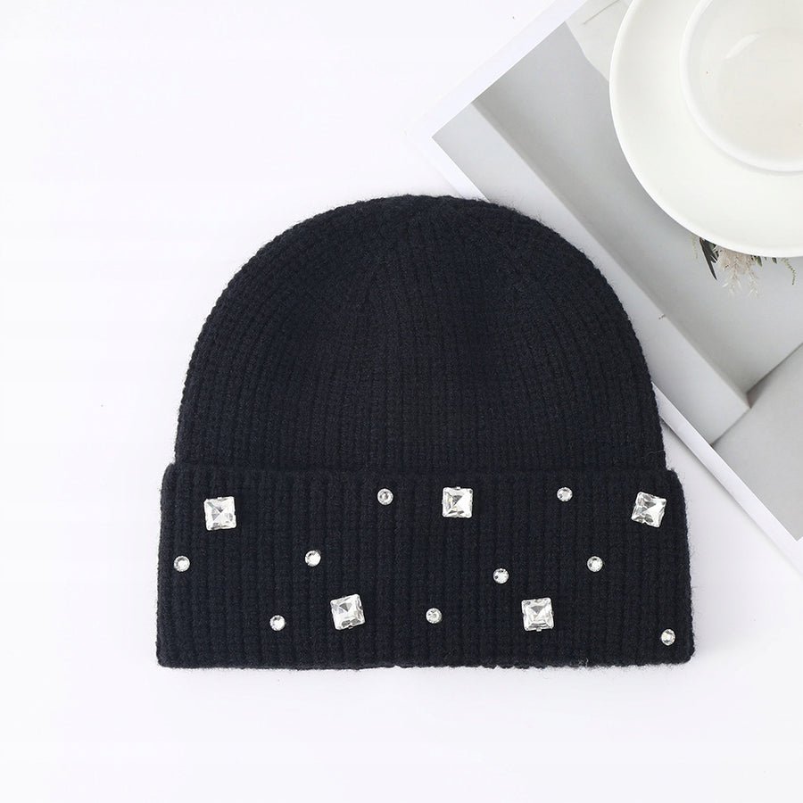 CZAPKA czarna damska cyrkonie zimowa jesienna BEANIE elegancka na zimę