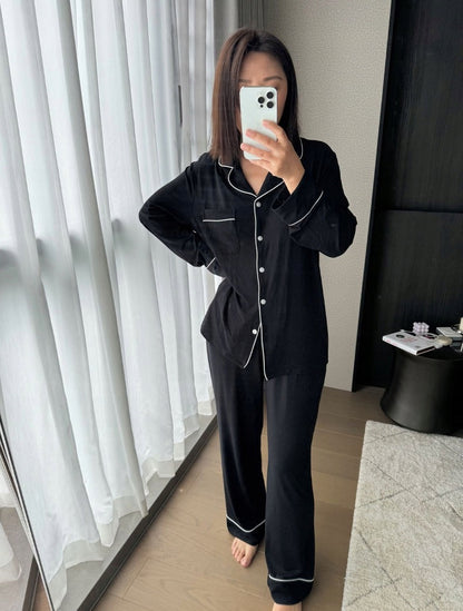 Women's Button-Front Pyjamas — Black with White Piping