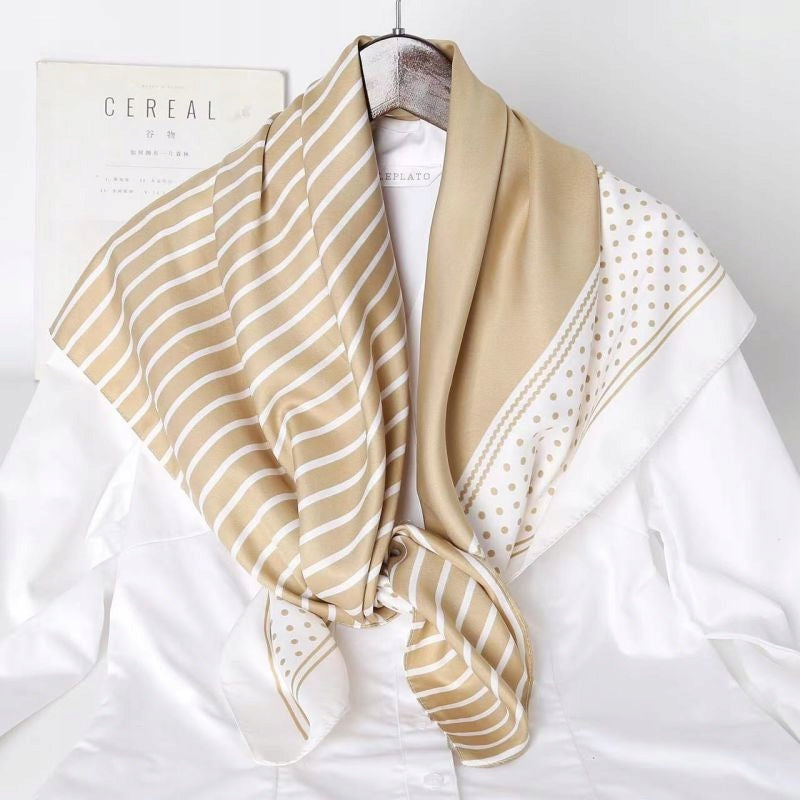 Silk-Effect Square Scarf 90 × 90 cm – Beige & White