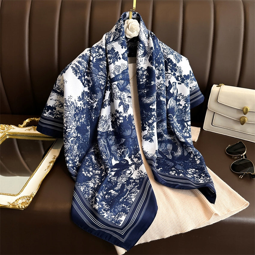 Women's Elegant Large Silky Square Scarf — Navy Gift Scarf, 90×90