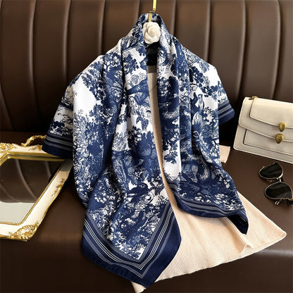 Women's Elegant Large Silky Square Scarf — Navy Gift Scarf, 90×90