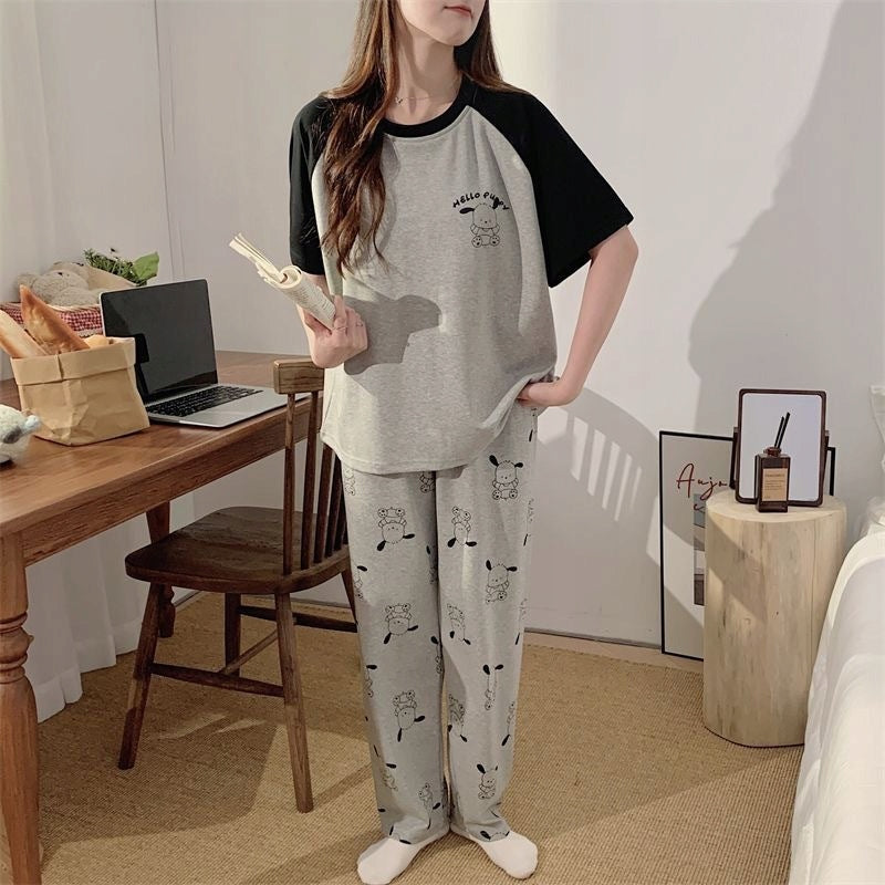 Women's Grey and Black Pyjamas — Top and Long Trousers