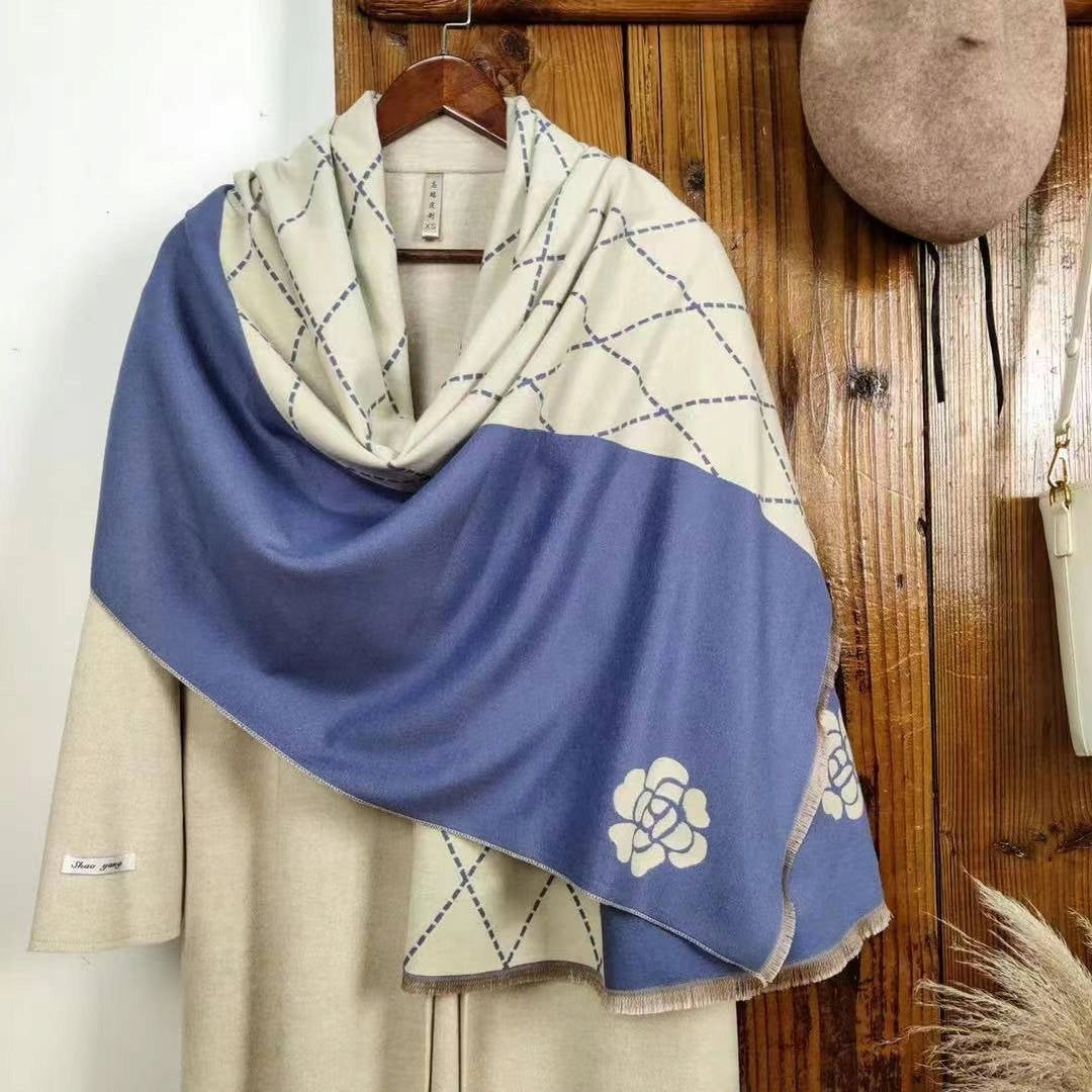 Damen-Winterschal 180 × 66 cm – beige und blau