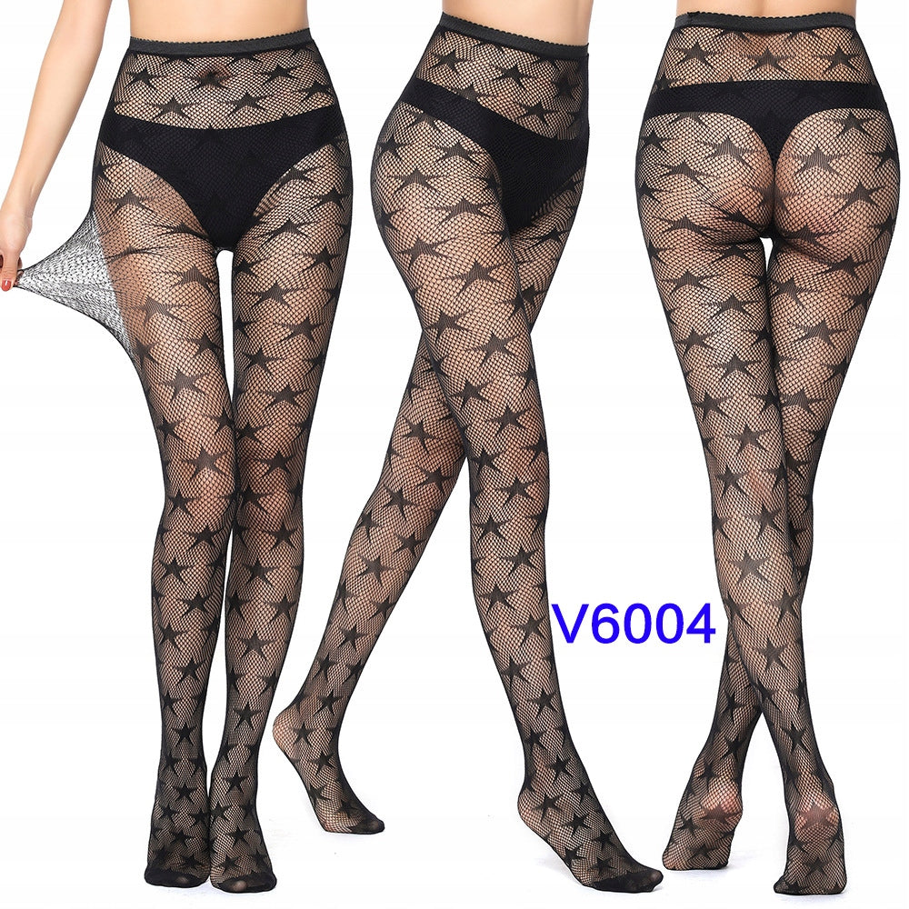 Star-Patterned Women's Lace Tights – Black