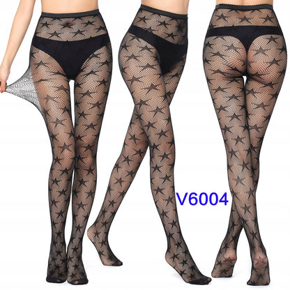 Star-Patterned Women's Lace Tights – Black
