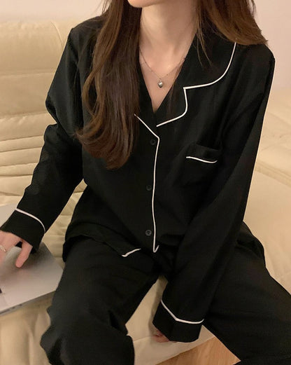 Women's Button-Front Pyjamas — Black with White Piping