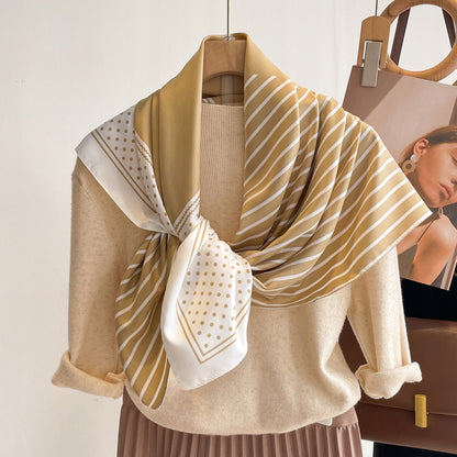 Silk-Effect Square Scarf 90 × 90 cm – Beige & White