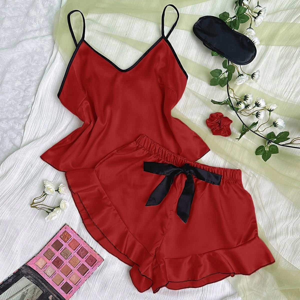 Women's Satin Pyjamas — Burgundy with a Black Bow