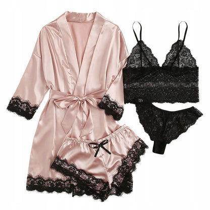 Women's Satin and Lace Pyjama Set with Robe — Pink and Black