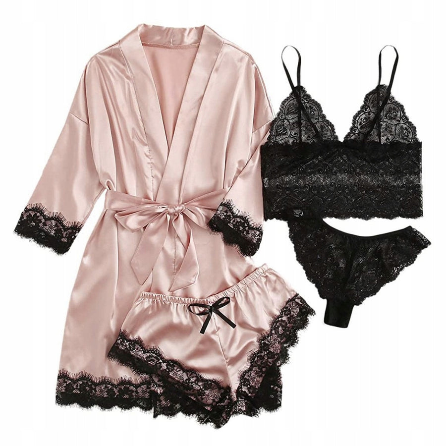 Women's Satin and Lace Pyjama Set with Robe — Pink and Black