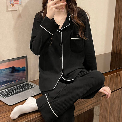 Women's Button-Front Pyjamas — Black with White Piping
