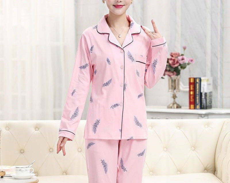 Pijama de mujer con botones – rosa, con plumas