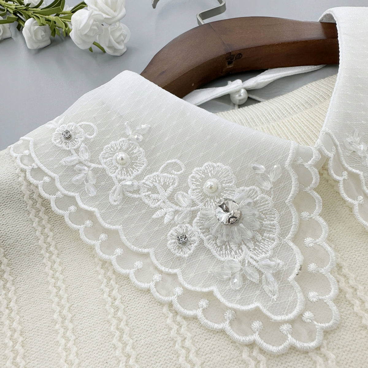 Elegant White Embroidered Tie-on Collar with Cubic Zirconia — Fashion Accessory