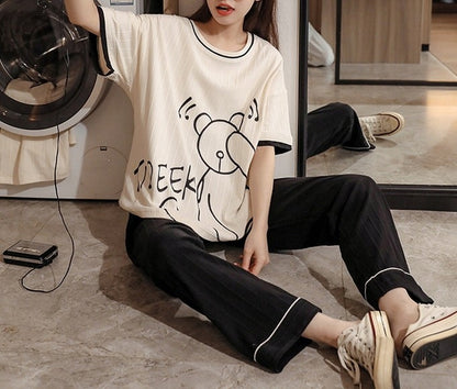 Pijama de mujer – blanco y negro, con estampado