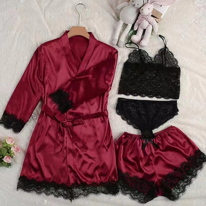 Women's Satin and Lace Pyjama Set with Robe — Burgundy and Black