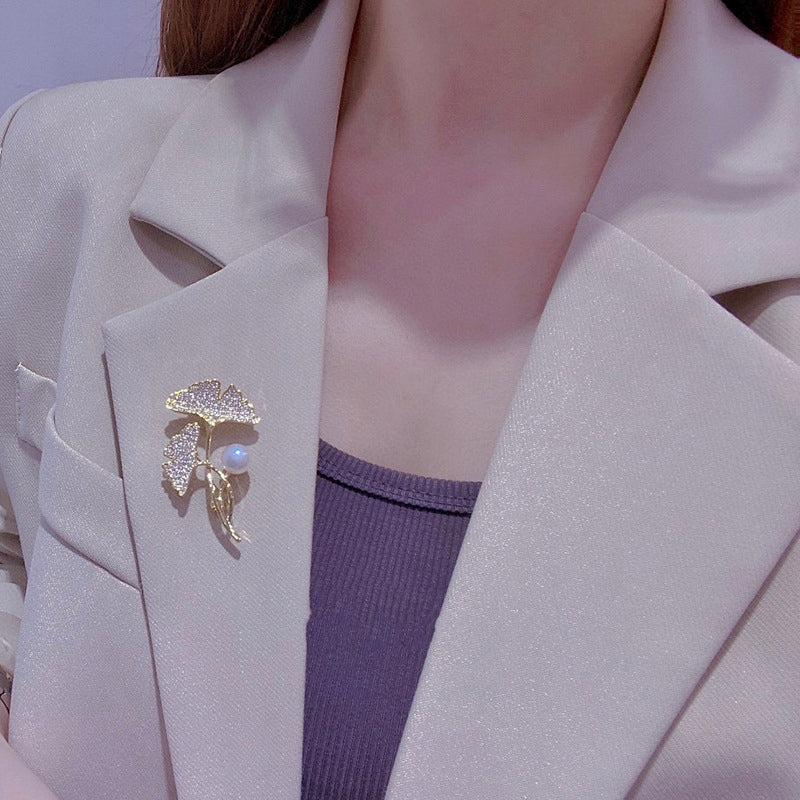 Gold-Tone Double-Leaf Brooch with Zirconia and Pearl