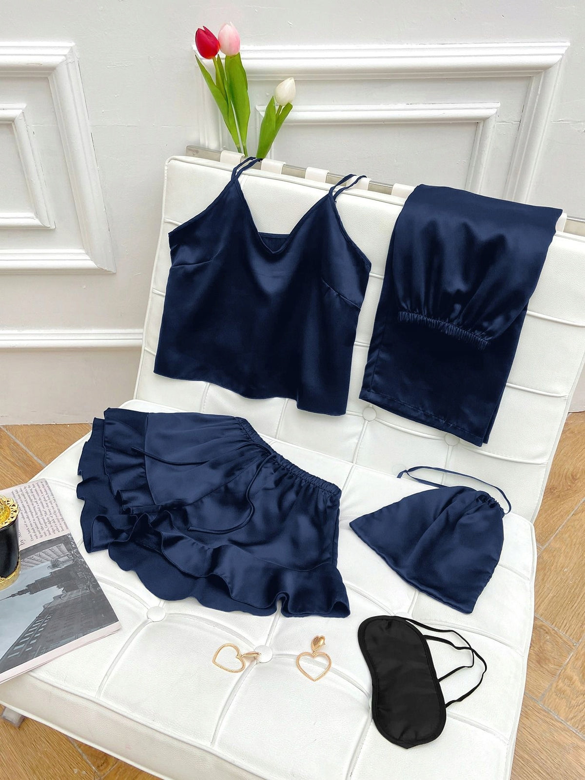 Pijama de damă din satin – set de cinci piese, bleumarin