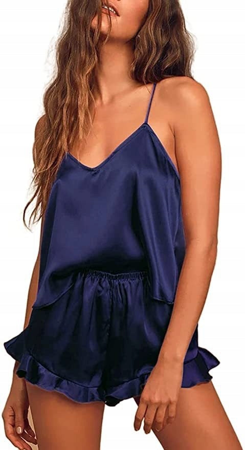 Women's Satin Pyjamas — Navy with Ruffles