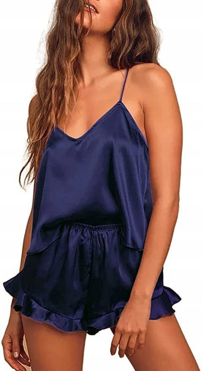 Women's Satin Pyjamas — Navy with Ruffles