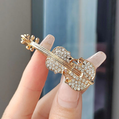 Violin Brooch with Rhinestones – Gold-Tone
