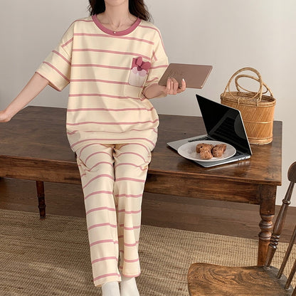 Damenpyjama – rosa gestreift mit Schleife
