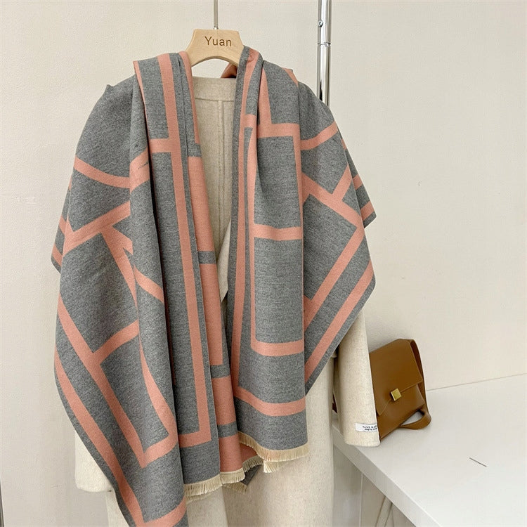 Bufanda de invierno de mujer 180 × 66 cm – gris y rosa