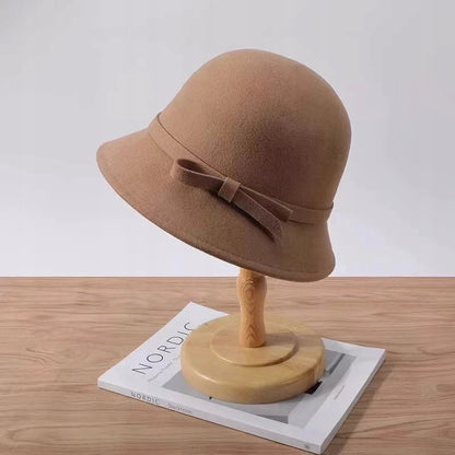 Women's Elegant Beige Cylindrical Bucket Hat to Wear with a Coat