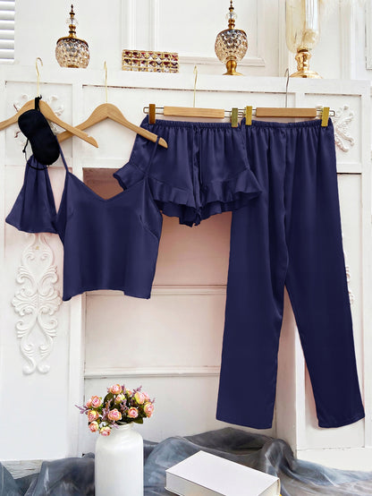 Pijama de damă din satin – set de cinci piese, bleumarin