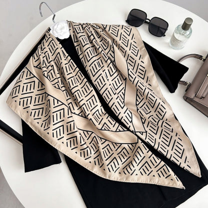 Silk-Effect Square Scarf 90 × 90 cm – Beige & Black