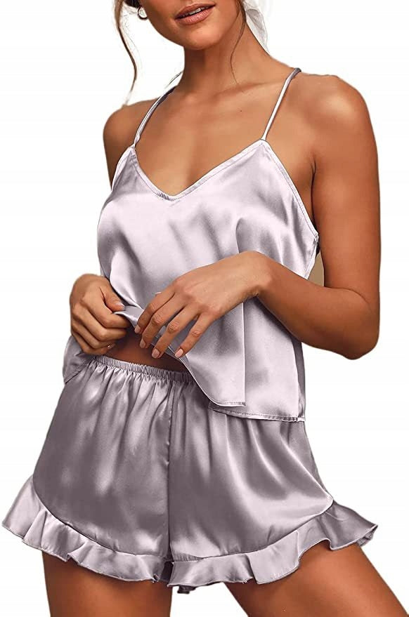 Women's Satin Pyjamas — Silver Grey with Ruffles