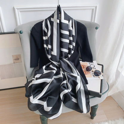 Women's Elegant Large Silky Scarf — Black and White Gift Scarf, 180×90