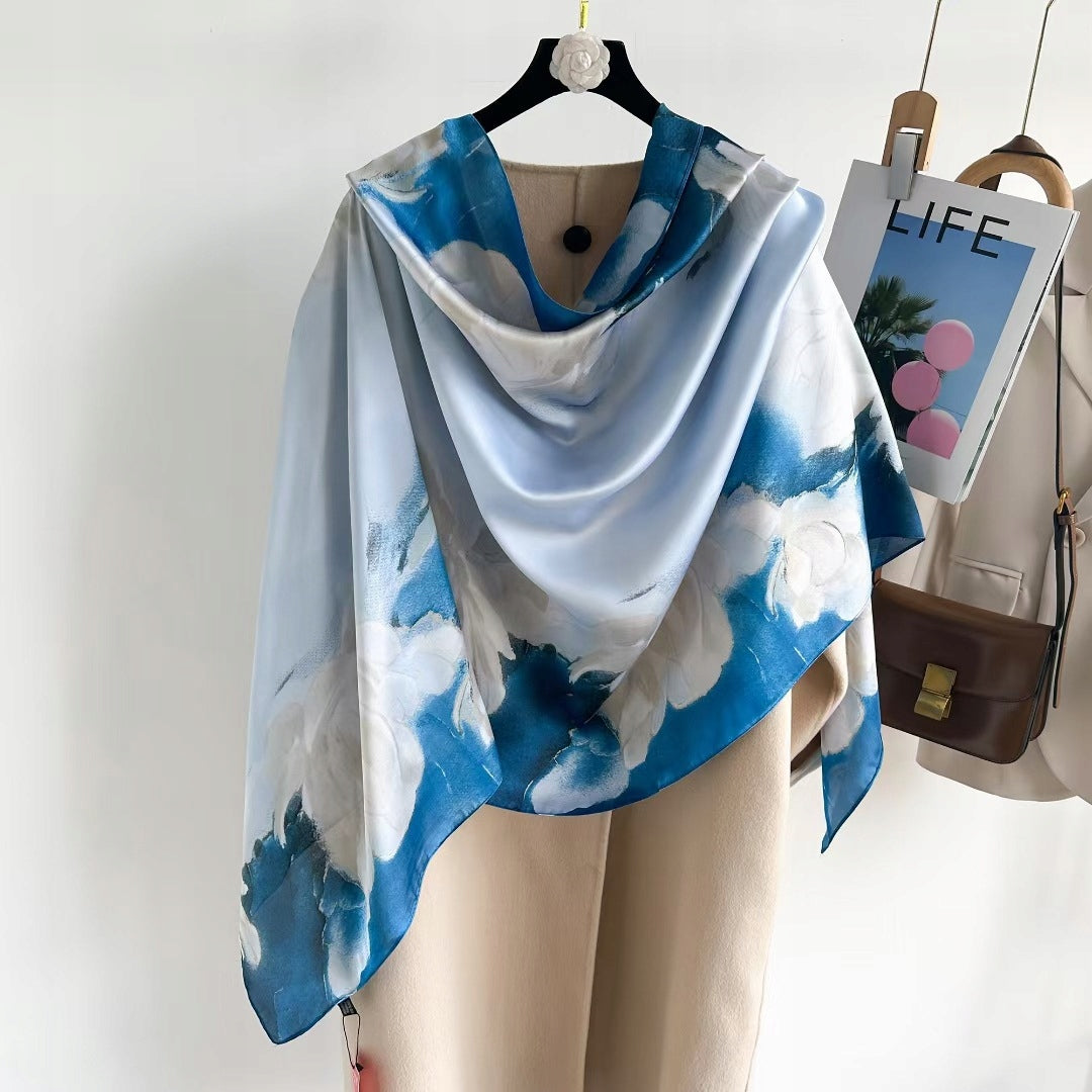 Women's Elegant Large Blue Silk-Effect Scarf — Sophisticated Style, 180×90 cm