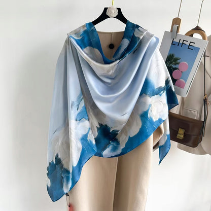 Women's Elegant Large Blue Silk-Effect Scarf — Sophisticated Style, 180×90 cm