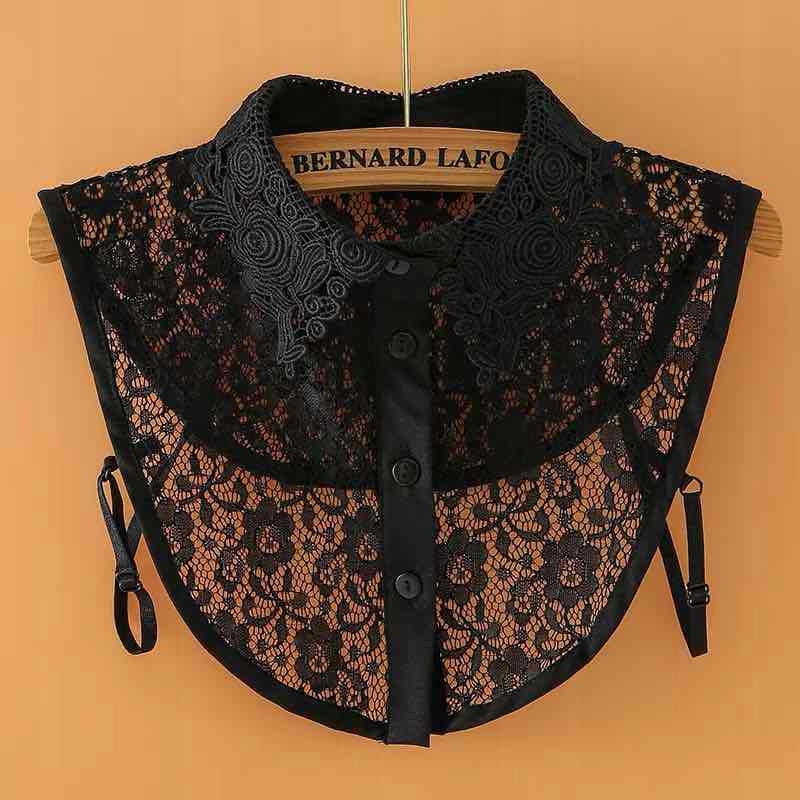 Women's Black Lace Detachable Shirt Collar with Button Fastening