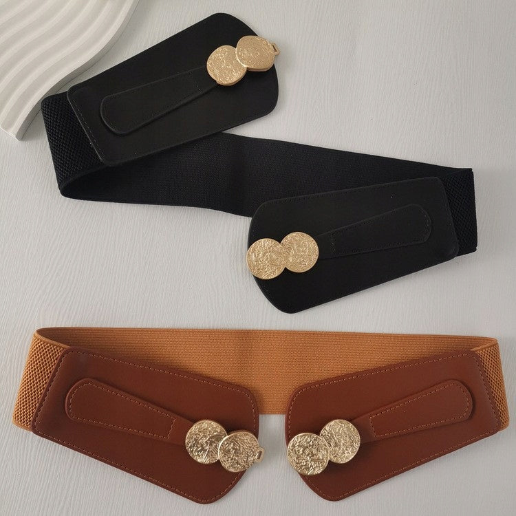 Women's Black Elastic and Faux Leather Belt — Elegant Coat Accessory