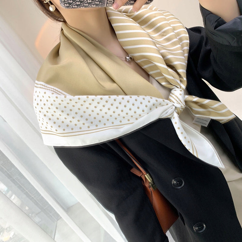 Silk-Effect Square Scarf 90 × 90 cm – Beige & White