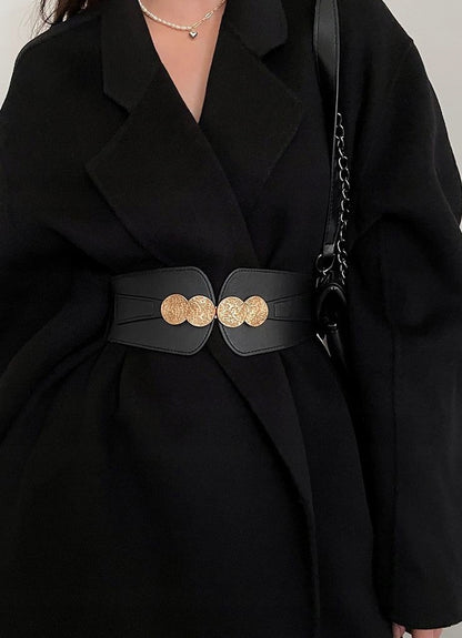 Women's Black Elastic and Faux Leather Belt — Elegant Coat Accessory