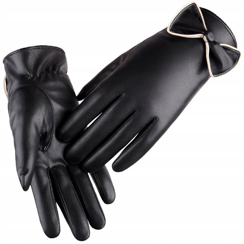 Black Women's Faux-Leather Gloves with a Decorative Bow — Stylish Accessories