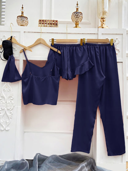 Pijama de damă din satin – set de cinci piese, bleumarin