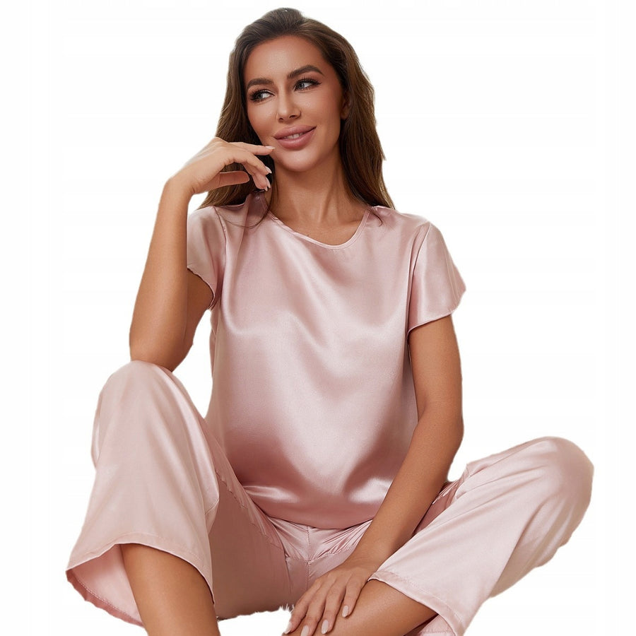 Women's Satin Pyjamas — Pale Pink with Short Sleeves